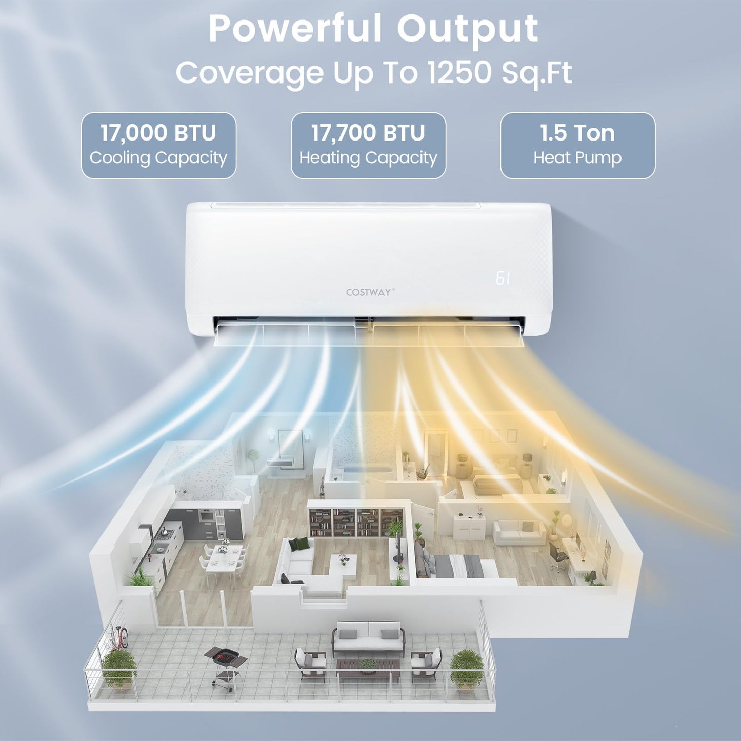 COSTWAY 18,000 BTU Mini Split Air Conditioner, with Heat Pump, 21 SEER2 Inverter Split AC Unit with 24H Timer, Auto Clean, Remote Control & Installation Kit for (18000BTU, 208-230V, 21 SEER2)