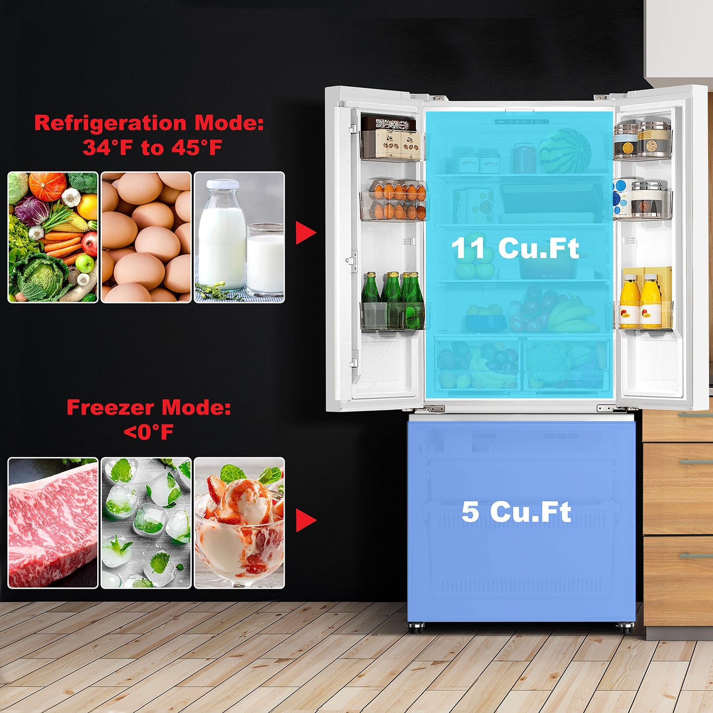 Galanz GLR16FWED08 3 French Door Refrigerator with Bottom Freezer & Adjustable Thermostat, 16 cu ft, White