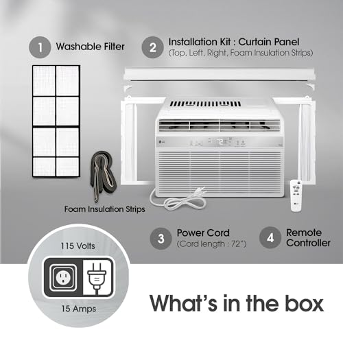 LG 12,000 BTU Window Air Conditioner, 115V, Cools 550 Sq.Ft. for Bedroom, Living Room, Apartment, Quiet Operation, Electronic Control with Remote, 3 Cooling & Fan Speeds, Auto Restart, White