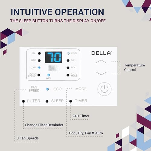 DELLA 12000 BTU Energy Saving Window Air Conditioner, Cools Up to 550 Sq. Ft., GEO Location, AC Unit with WIFI Smart Controls, Remote, Dehumidifier, Fan, Reusable Filter, Easy Install Kit