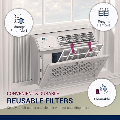 DELLA 12000 BTU Energy Saving Window Air Conditioner, Cools Up to 550 Sq. Ft., GEO Location, AC Unit with WIFI Smart Controls, Remote, Dehumidifier, Fan, Reusable Filter, Easy Install Kit