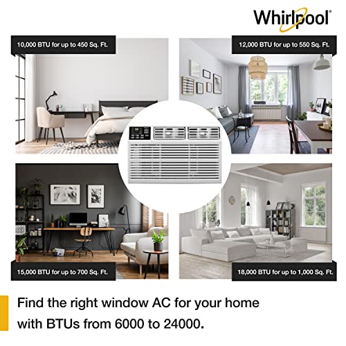 Whirlpool 12,000 BTU 115V Window-Mounted Air Conditioner with Remote Control, Window AC for Rooms up to 550 Sq.Ft, LCD Display, Auto-Restart, 24H Timer, White
