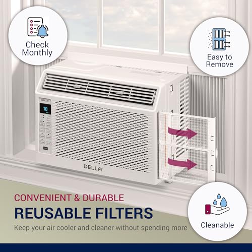 DELLA 6000 BTU Energy Saving Window Air Conditioner Cools Up to 250 Sq. Ft., GEO Location, AC Unit with WIFI Smart Controls, Remote, Dehumidifier, Fan, Reusable Filter, Easy Install Kit