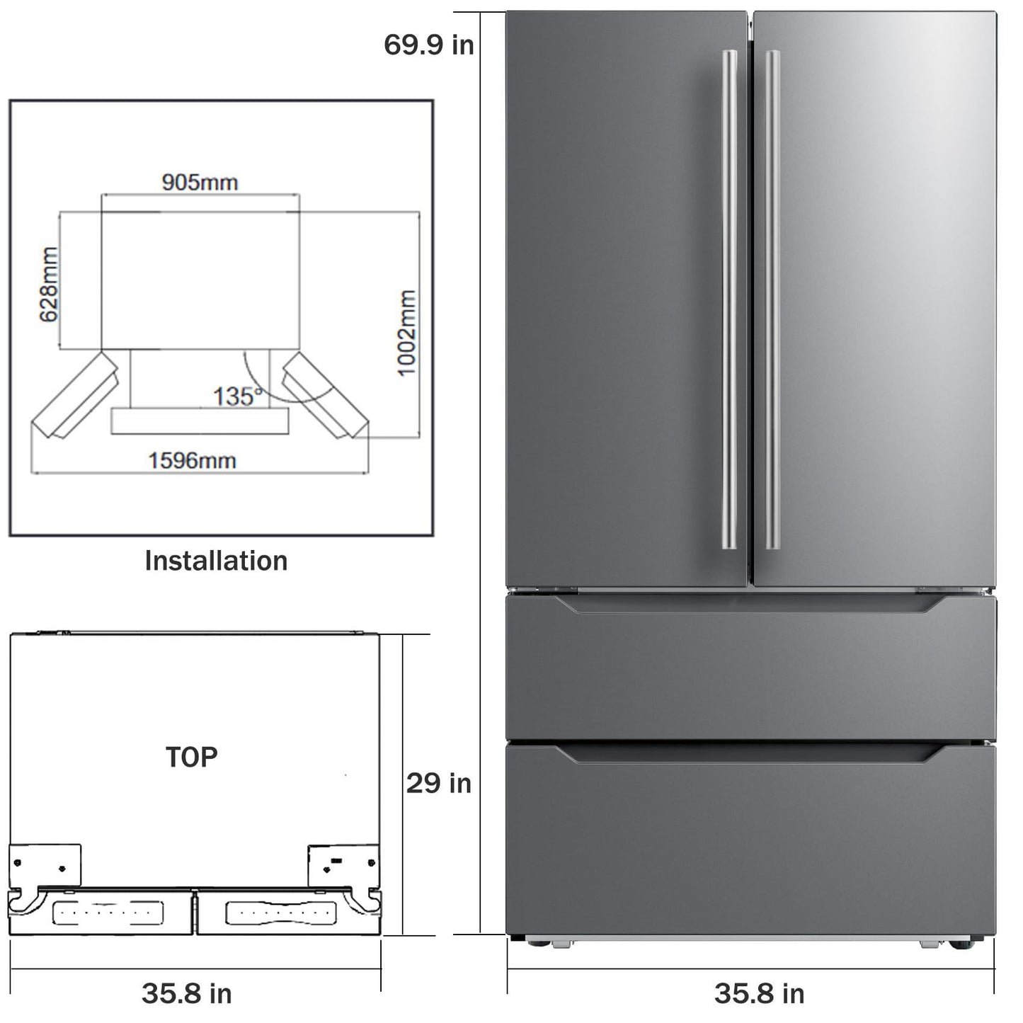 Smad 36" French Door Refrigerator 22.5 Cu.Ft, Refrigerator with Ice Maker, Counterdepth Refrigerator Bottom Freezer, Automatic Defrost, Humidity Controlled, Fingerprint-Proof Stainless Steel