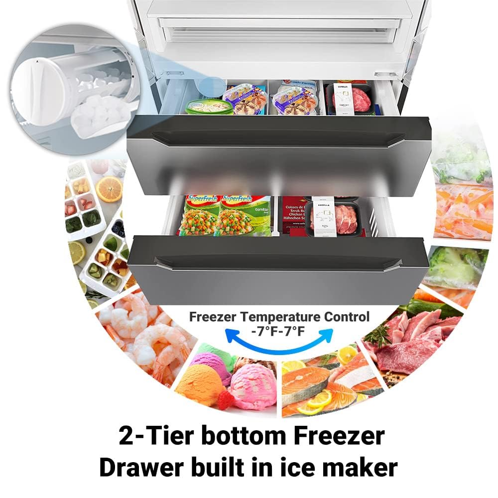 Smad 36" French Door Refrigerator 22.5 Cu.Ft, Refrigerator with Ice Maker, Counterdepth Refrigerator Bottom Freezer, Automatic Defrost, Humidity Controlled, Fingerprint-Proof Stainless Steel