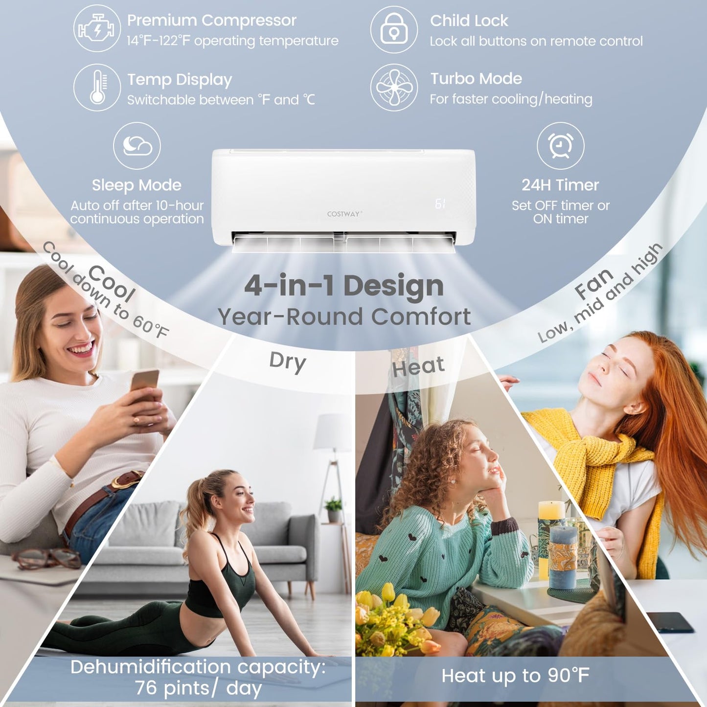 COSTWAY 24000 BTU Mini Split Air Conditioner, Energy Star, with Remote, Works with Alexa, Googlehome, Heat Pump, 21 SEER2 Inverter, 24H Timer, for Rooms up to 1500 Sq.Ft (24000BTU, 208-230V, 21 SEER2)
