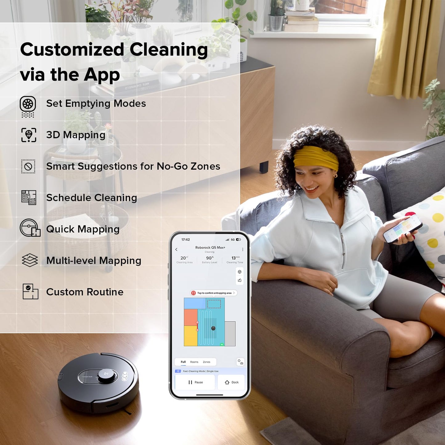 roborock Q5 Max+ Robot Vacuum with Self-Empty Dock, Upgraded from Q5+, 5500 Pa Suction, DuoRoller Brush, Hands-Free Cleaning for up to 7 Weeks, PreciSense LiDAR Navigation, App & Voice Control