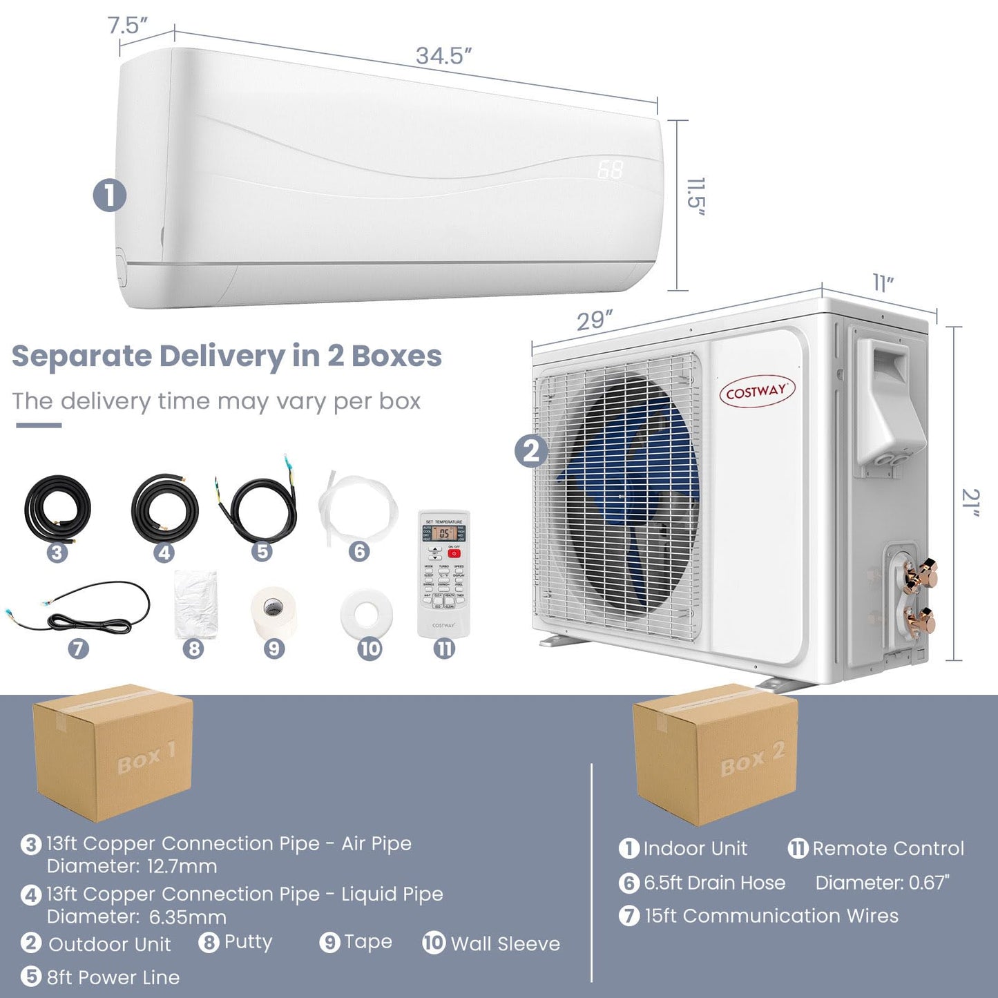 COSTWAY 12000BTU Mini Split Air Conditioner& Heater, 20 SEER2 115V Wall-Mounted Ductless AC Unit Cools Rooms up to 750 Sq. Ft, Energy Efficient Inverter AC with Heat Pump & Installation Kit