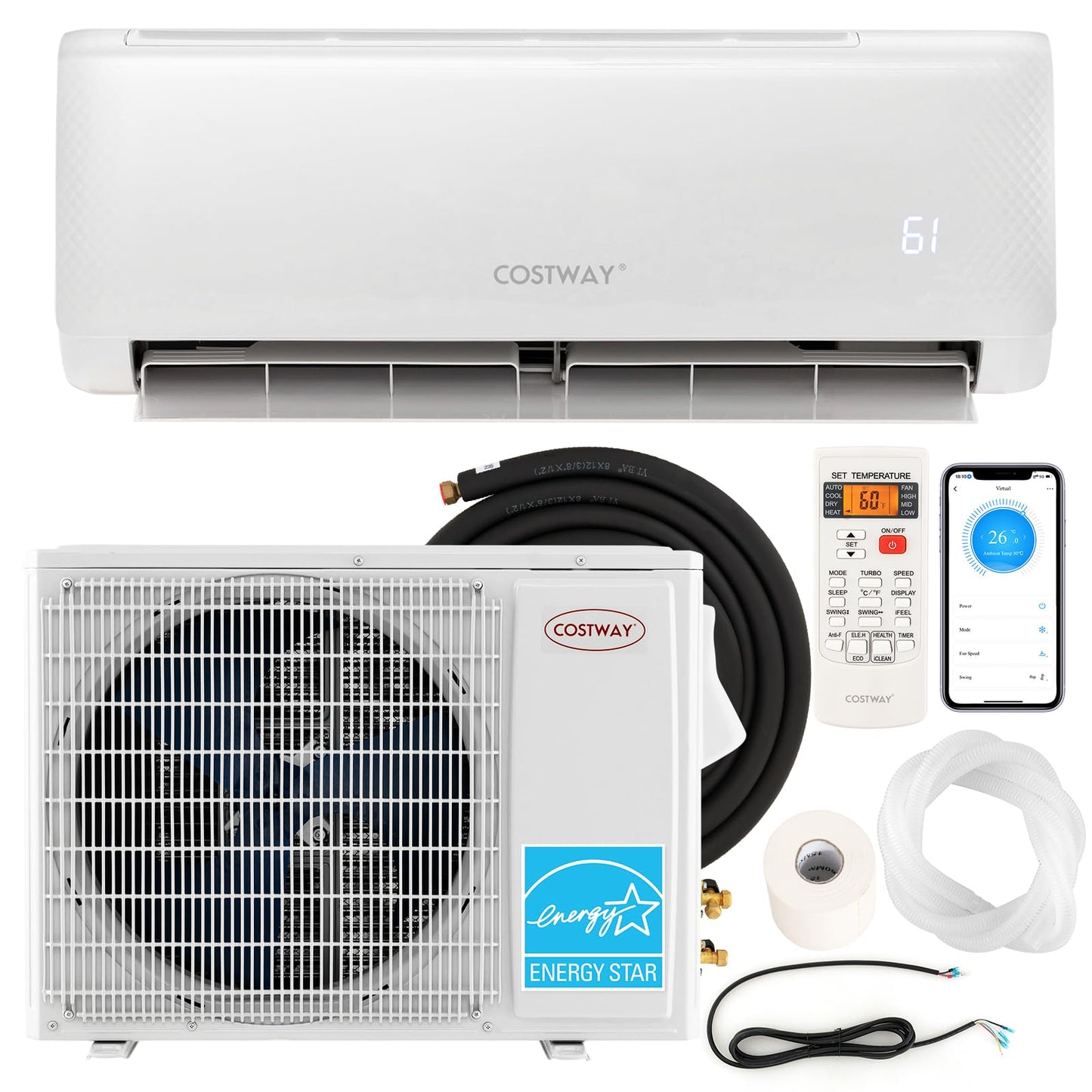 COSTWAY 24000 BTU Mini Split Air Conditioner, Energy Star, with Remote, Works with Alexa, Googlehome, Heat Pump, 21 SEER2 Inverter, 24H Timer, for Rooms up to 1500 Sq.Ft (24000BTU, 208-230V, 21 SEER2)