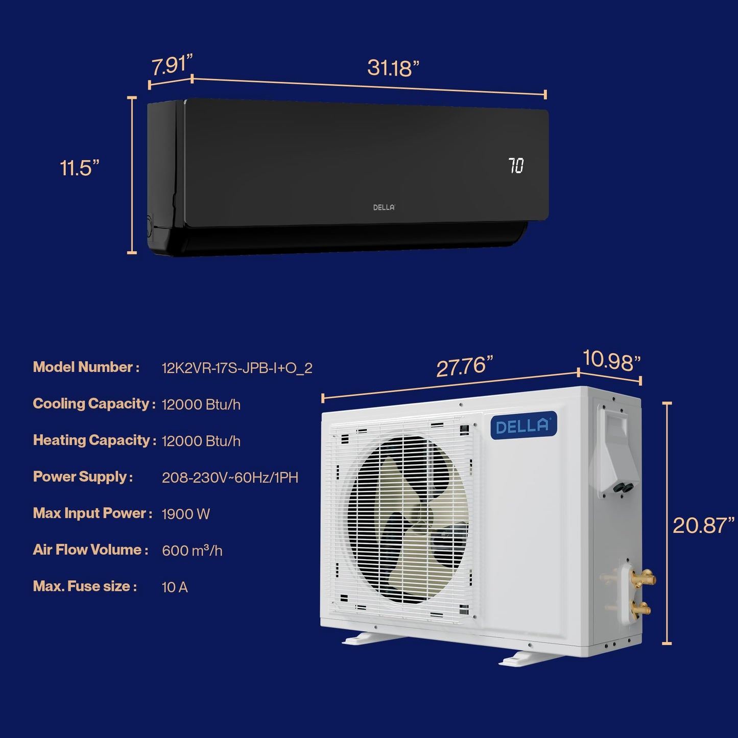DELLA 12000 BTU Mini Split AC Wifi Enabled Work with Alexa 17 SEER2 Energy Saving Cools Up to 550 Sq.Ft & 1 Ton Pre-Charged Heat Pump Ductless Inverter System (JPB Series with R32 refrigerant)