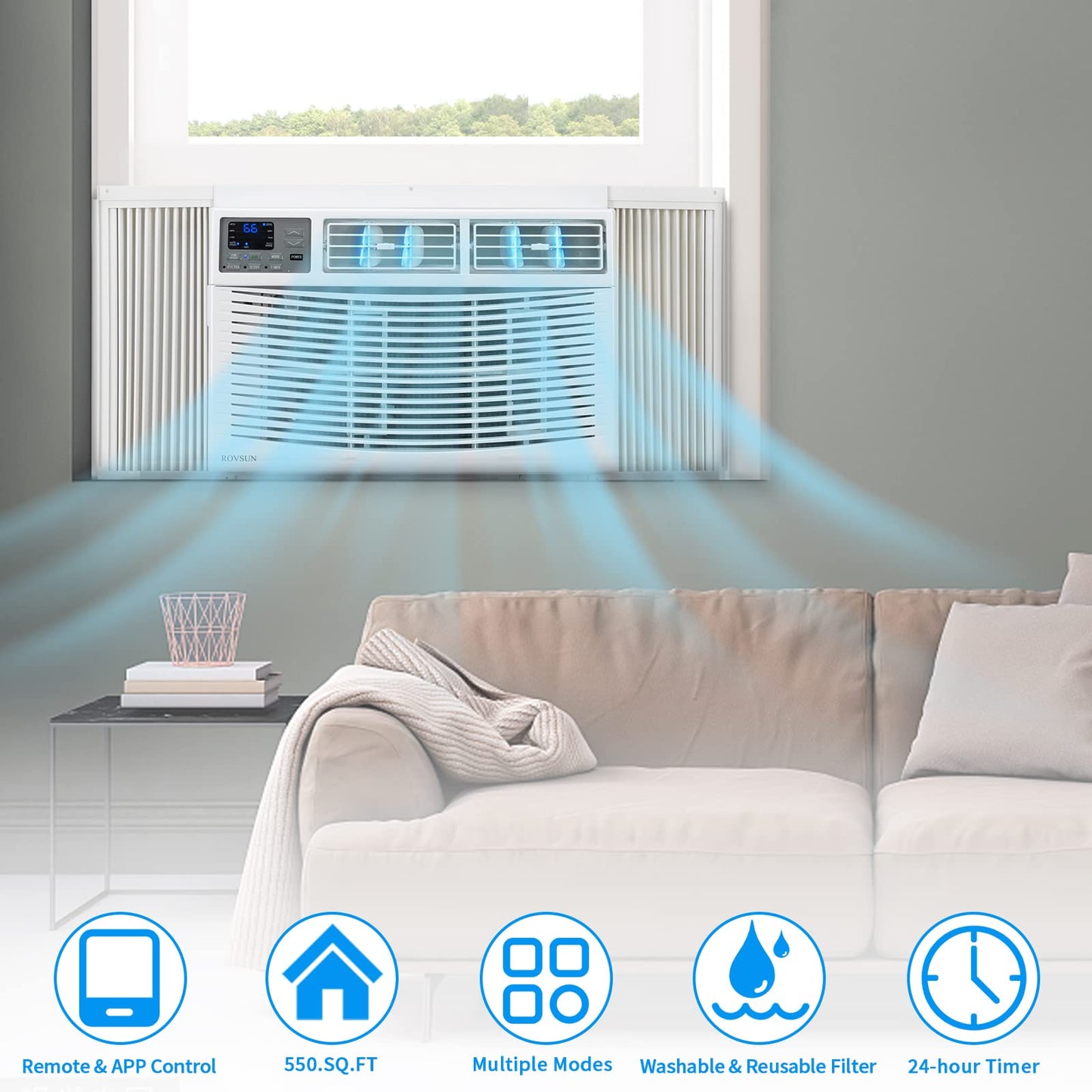 ROVSUN Smart 12000 BTU Window Air Conditioner with WiFi, Energy Saving Window AC Unit with Remote & App Control, Timer Function & Easy Install Kit, for Rooms up to 550 Square Feet, 115V/60Hz, White