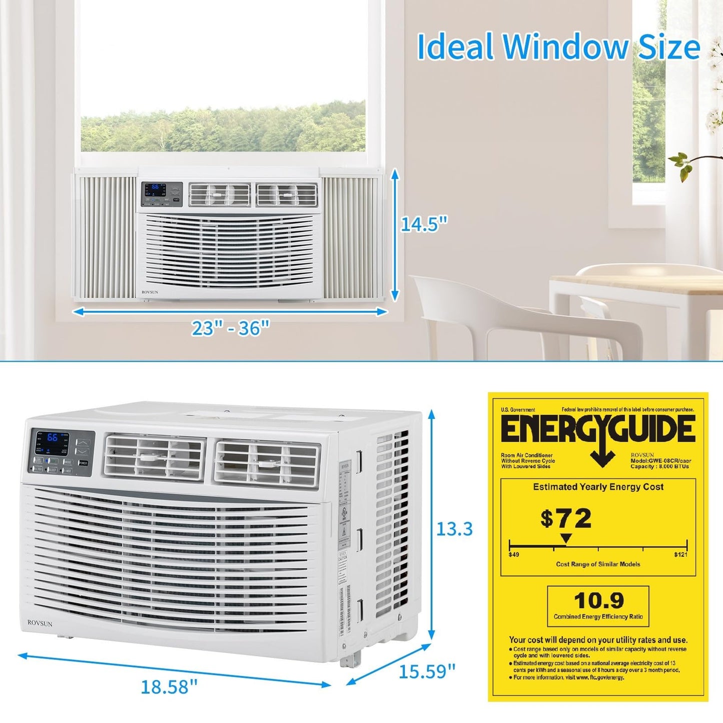ROVSUN Smart 8000 BTU Window Air Conditioner with WiFi, Energy Saving Window AC Unit with Remote & App Control, Timer Function & Easy Install Kit, for Rooms up to 350 Square Feet, 115V/60Hz, White