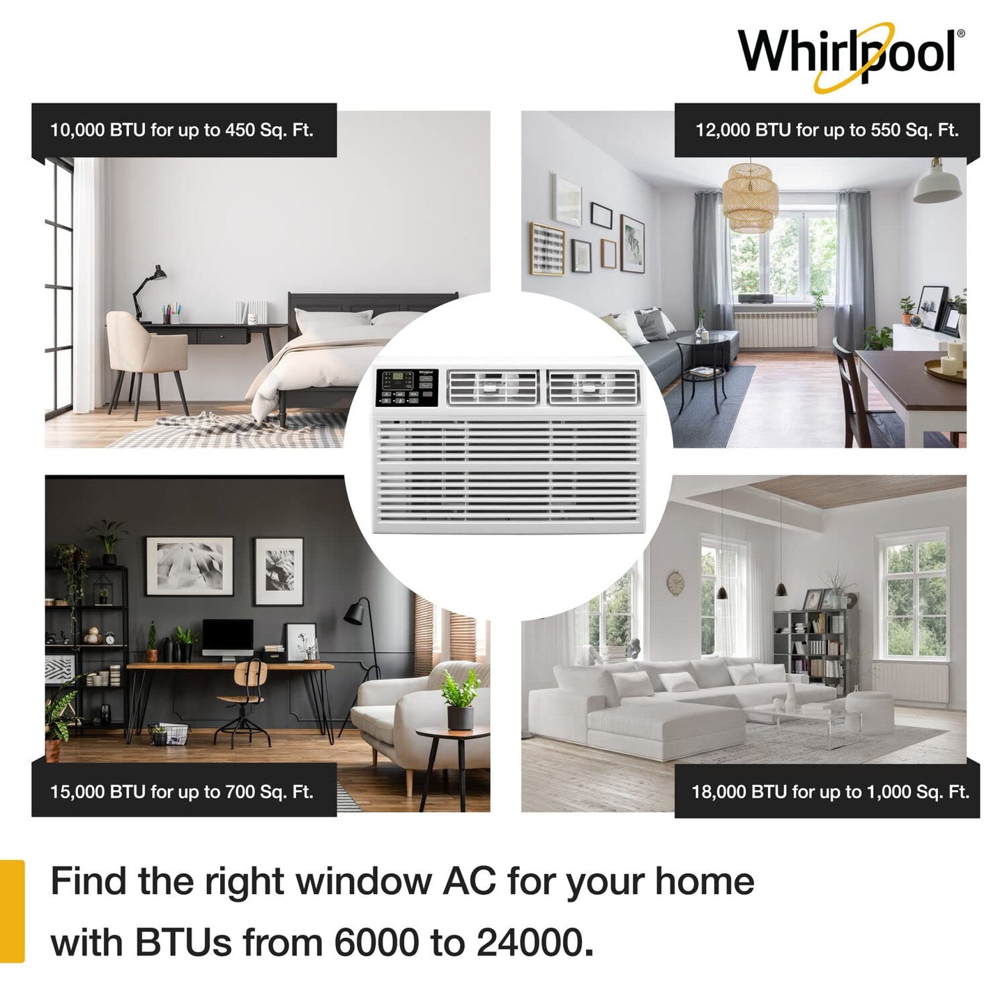 Whirlpool 10,000 BTU Window Air Conditioner, 115V, Window AC for Rooms up to 450 Sq.Ft with Remote Control, White