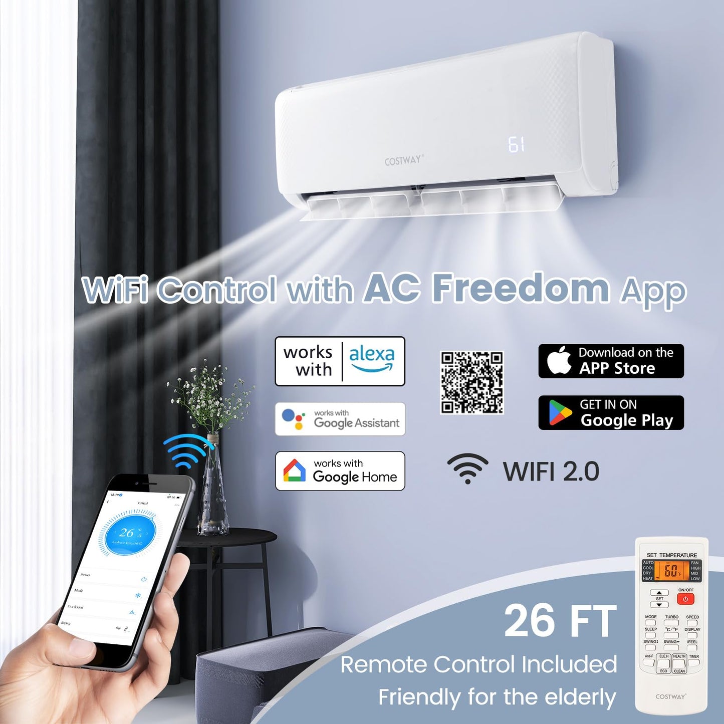 COSTWAY 24000 BTU Mini Split Air Conditioner, Energy Star, with Remote, Works with Alexa, Googlehome, Heat Pump, 21 SEER2 Inverter, 24H Timer, for Rooms up to 1500 Sq.Ft (24000BTU, 208-230V, 21 SEER2)