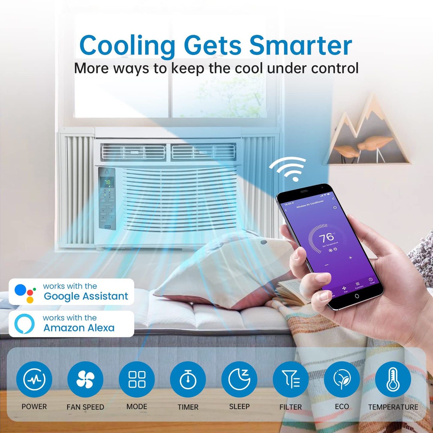 Acekool Smart Window Air Conditioner, 6000 BTU Air Conditioner Window Unit Remote/App Control and Dehumidify Function, Quiet Operation, Energy Savings, Cools 250 Sq.ft, 110-115V