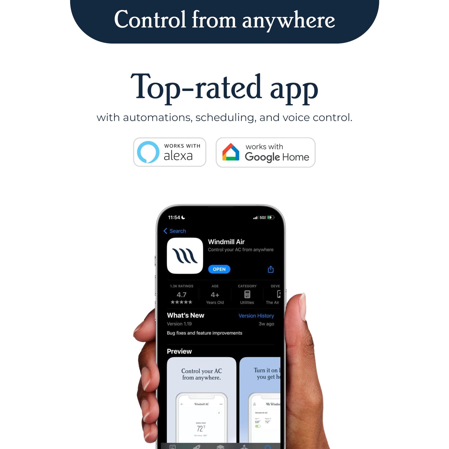 Windmill - The Windmill AC Modern Air Conditioner with WhisperTech- Ultra-Quiet, More Efficient, and Voice-Enabled Window AC Unit - Easy Install - Includes User Friendly App, 12,000 BTU