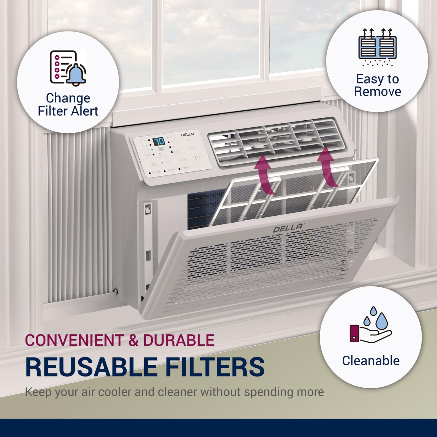 DELLA 14,000 BTU Window Air Conditioner Cools Up to 700 Sq. Ft., GEO Location, Remote/App Control, Dehumidifier, Fan, Reusable Filter, Easy Install Kit