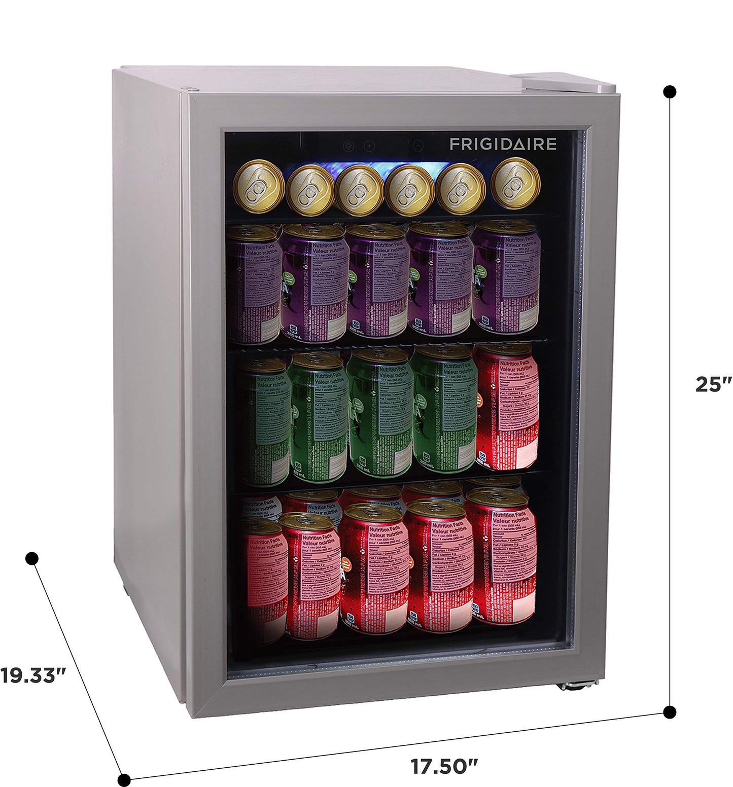 Frigidaire EFMIS9000AMZ, Beverage Fridge Refrigerator with Glass Door, Compact Mini Fridge with Digital Temperature Control Fits 88 Cans or 25 Bottles, 74L Capacity - 19.29"D x 25"W x 17.51"H, Silver