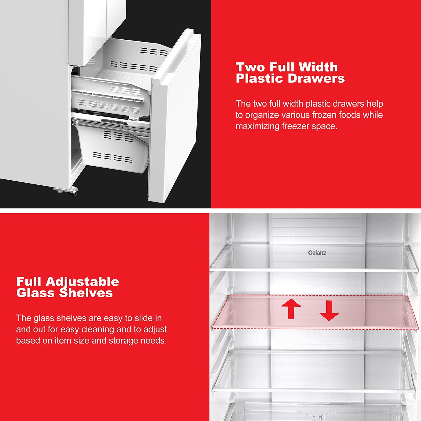Galanz GLR16FWED08 3 French Door Refrigerator with Bottom Freezer & Adjustable Thermostat, 16 cu ft, White