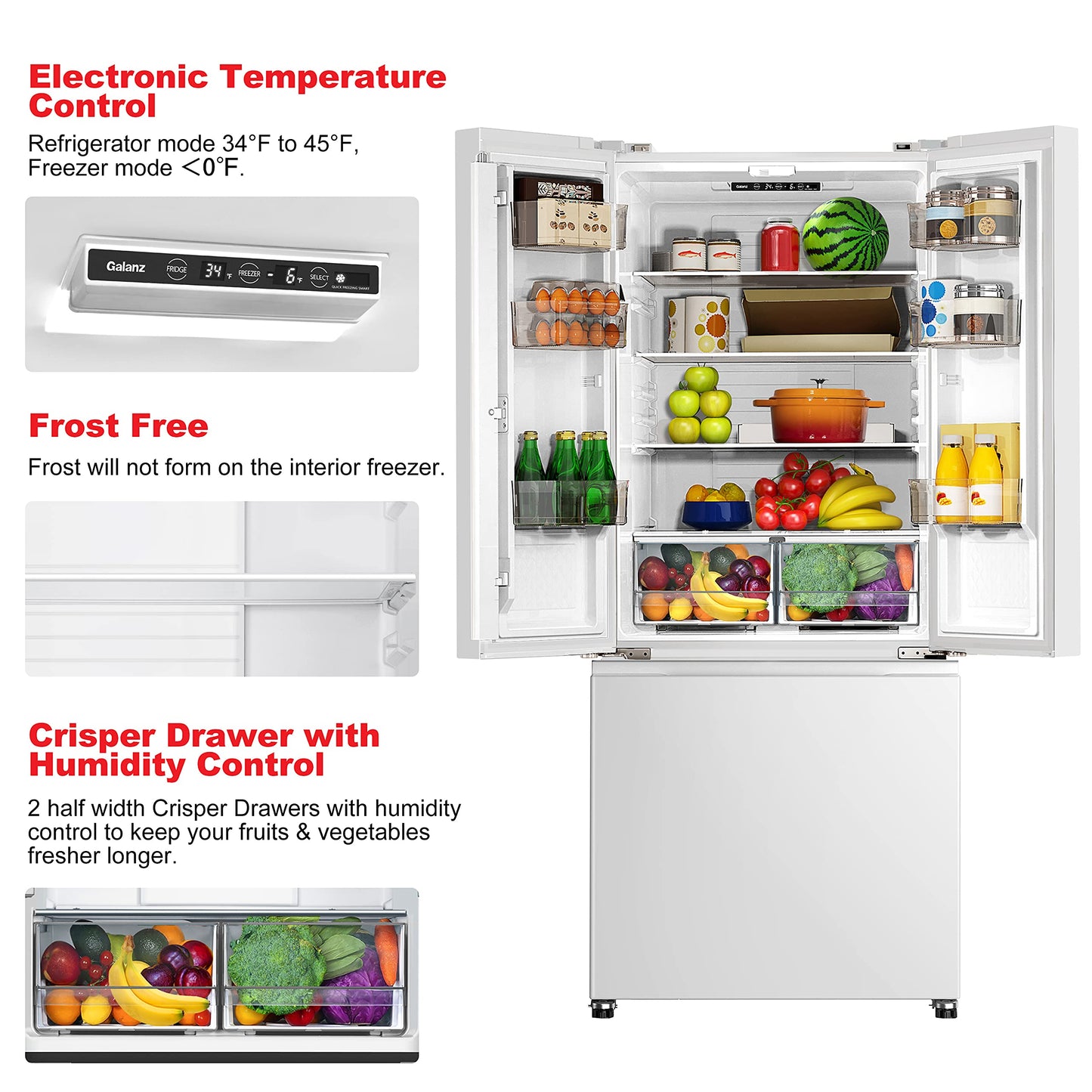Galanz GLR16FWED08 3 French Door Refrigerator with Bottom Freezer & Adjustable Thermostat, 16 cu ft, White