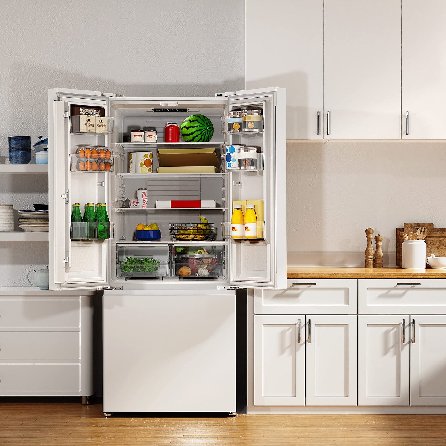 Galanz GLR16FWED08 3 French Door Refrigerator with Bottom Freezer & Adjustable Thermostat, 16 cu ft, White