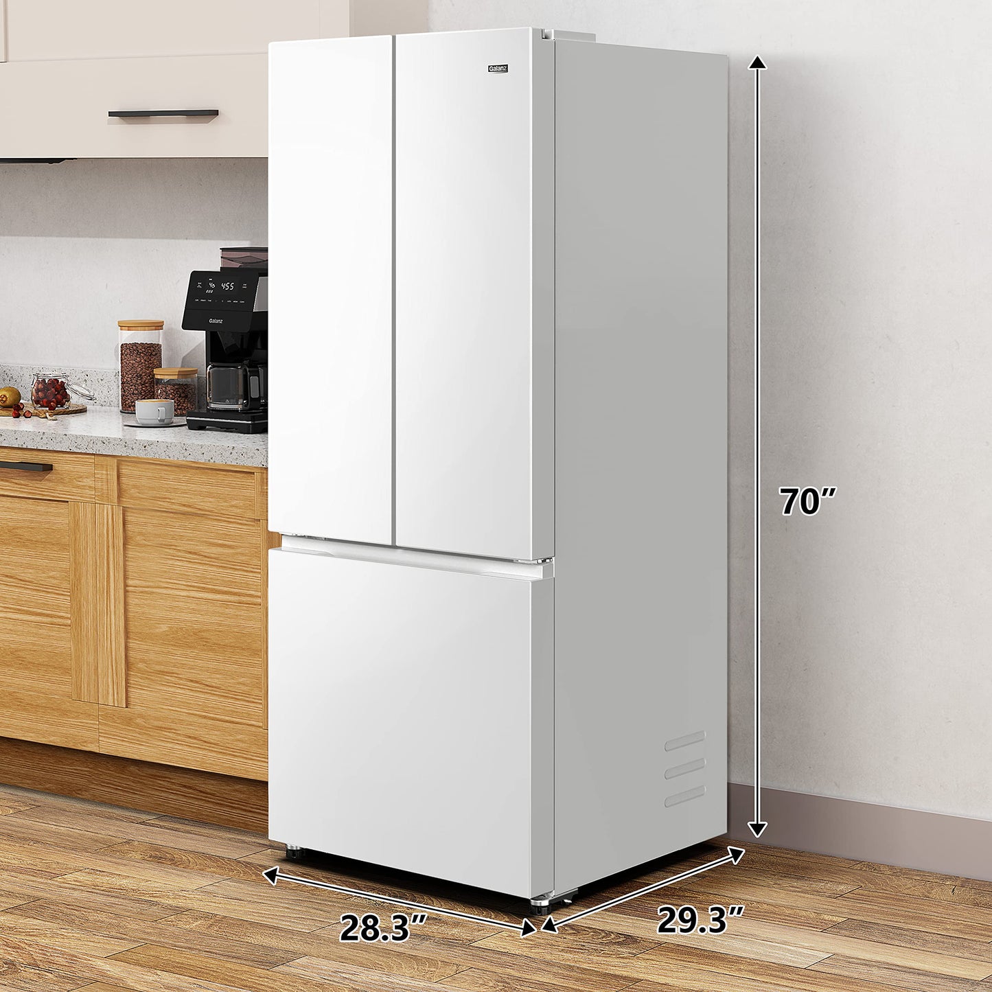 Galanz GLR16FWED08 3 French Door Refrigerator with Bottom Freezer & Adjustable Thermostat, 16 cu ft, White