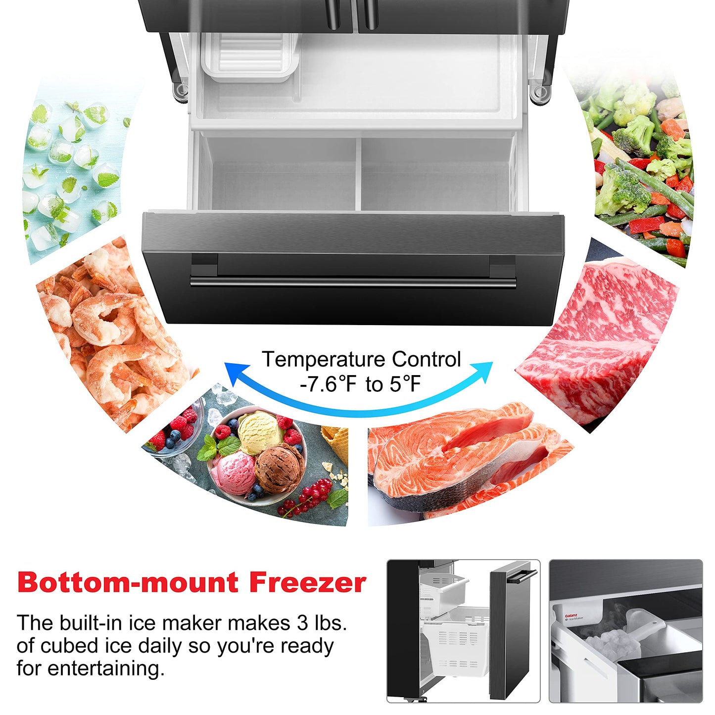 Galanz GLR18FS5S16 French Door Refrigerator with Installed Ice Maker and Bottom Freezer Adjustable Electrical Thermostat Control, Frost Free, Energy Star Certified, Stainless Steel, 18 Cu Ft